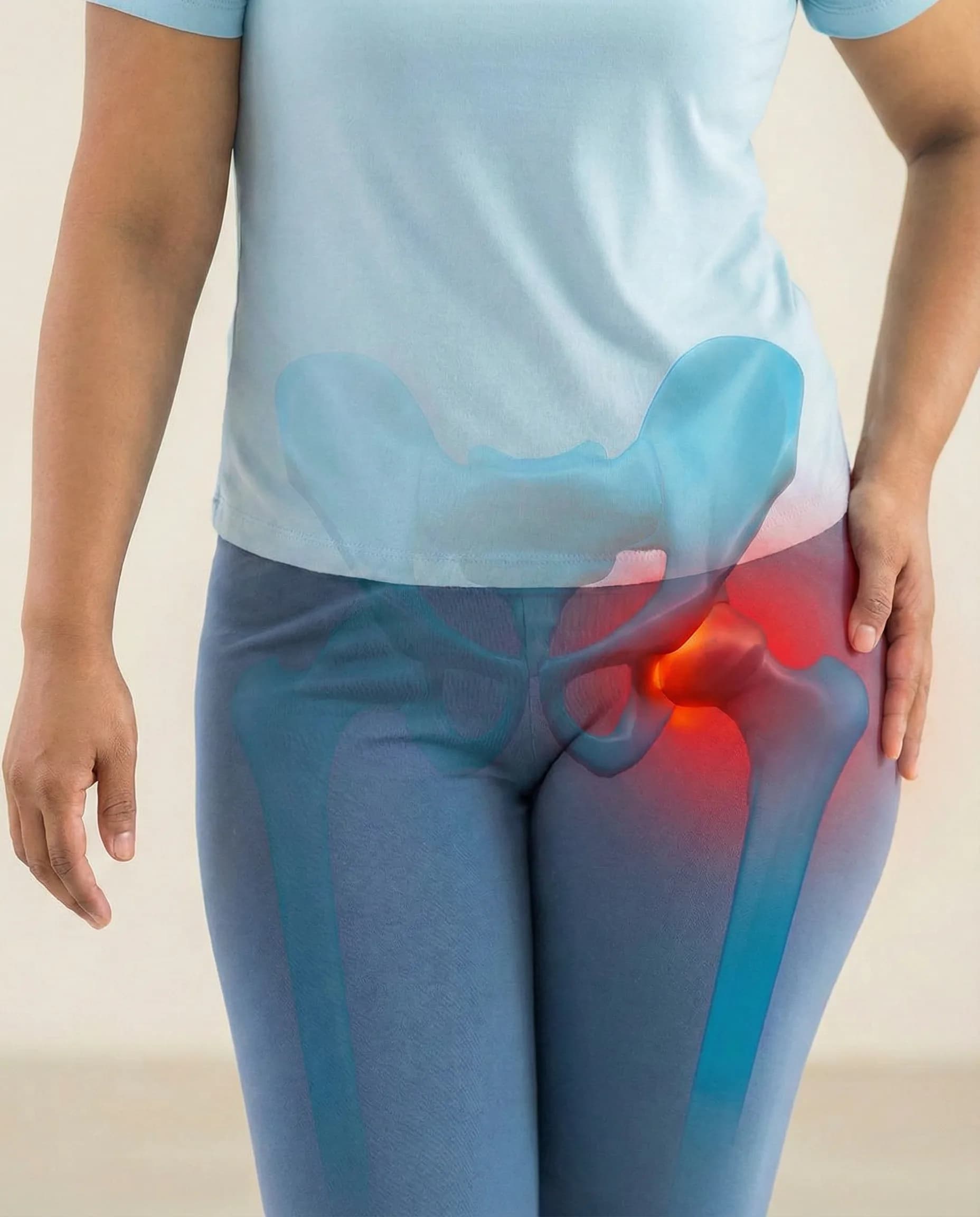 Educational image showing the hip joint and deep groin pain area for an AVN assessment