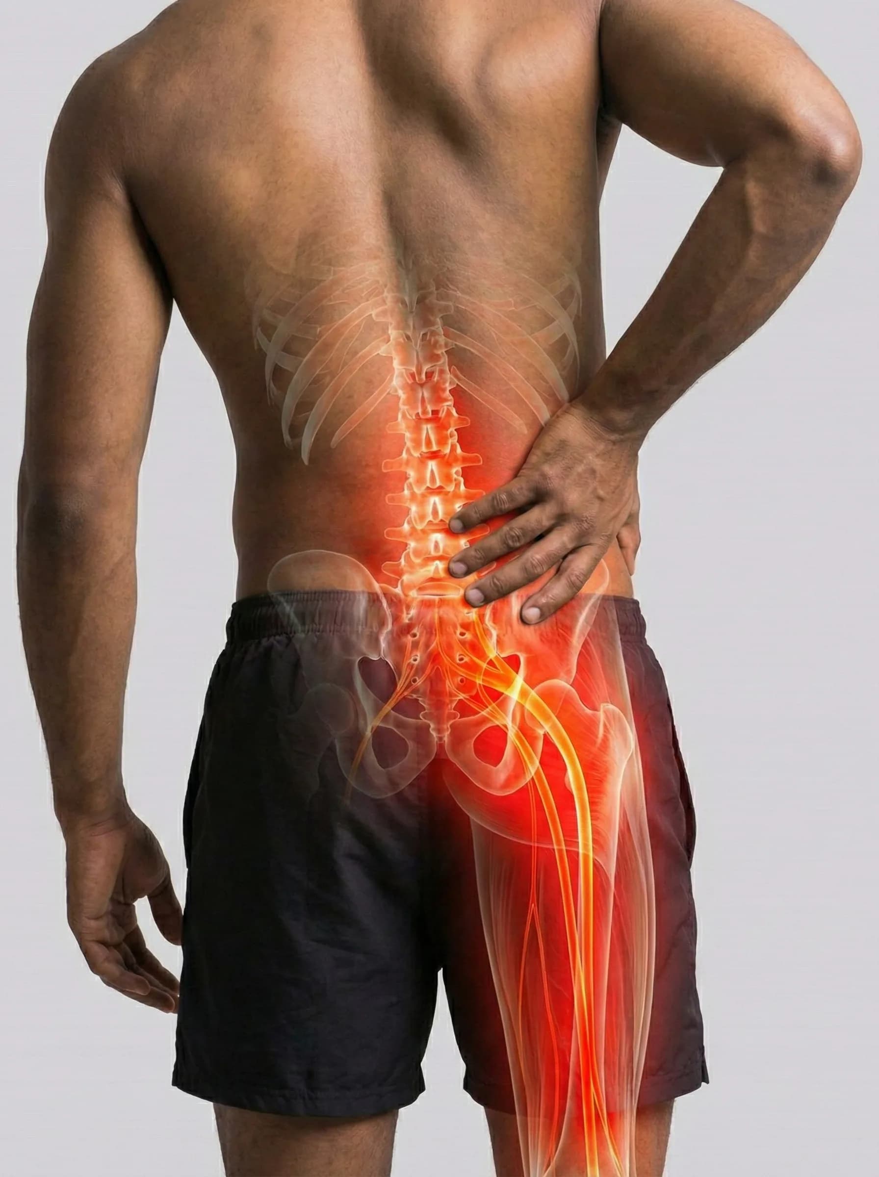 Doctor explaining sciatic leg pain caused by lower back nerve irritation